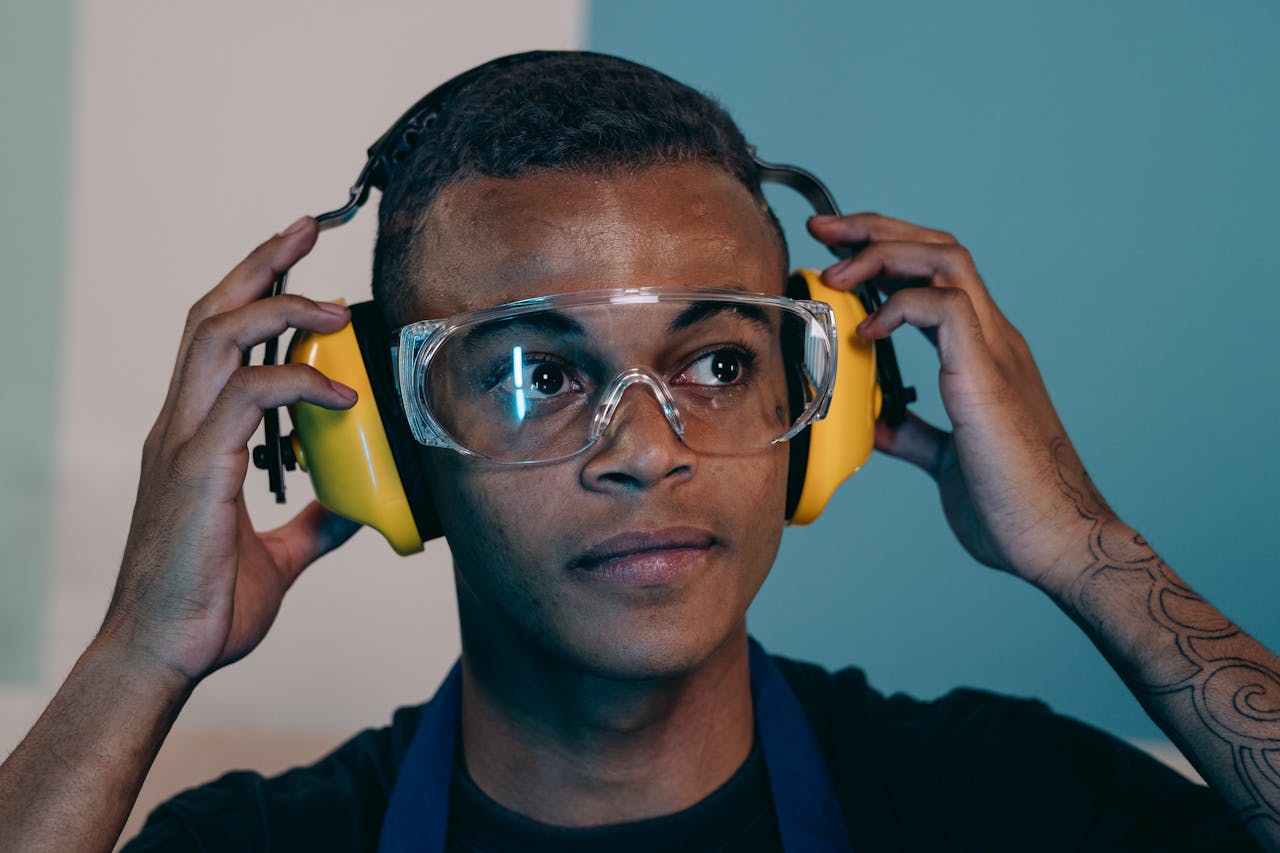 Portrait of a young engineer adjusting ear protection and safety glasses, showing focus and preparation indoors.